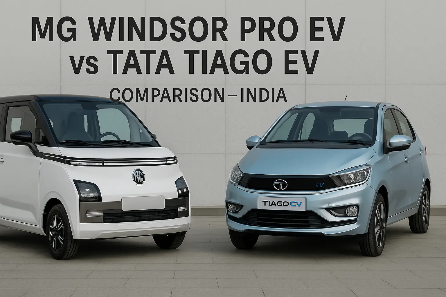 Side-by-side view of MG Windsor Pro EV and Tata Tiago EV for comparison in India 2025