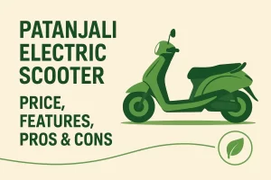 Patanjali Electric Scooter illustrated in green with eco-friendly branding, price and features highlighted on beige background
